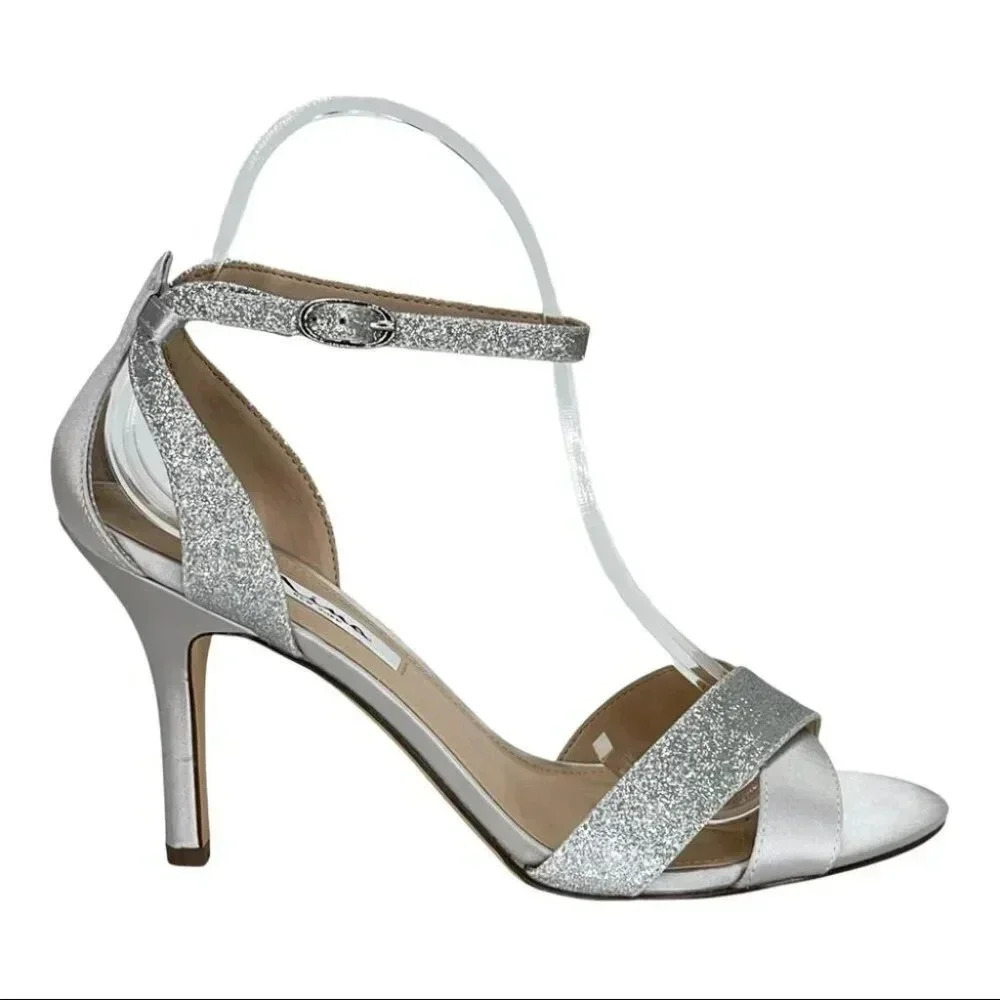 Nina Venus Silver Satin Fabric Glitter Accent Womens Heels Size 9M - Picture 2 of 14